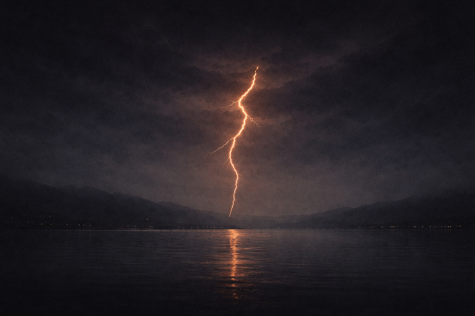 Storm over a lake with a lightning strike reflected in the water