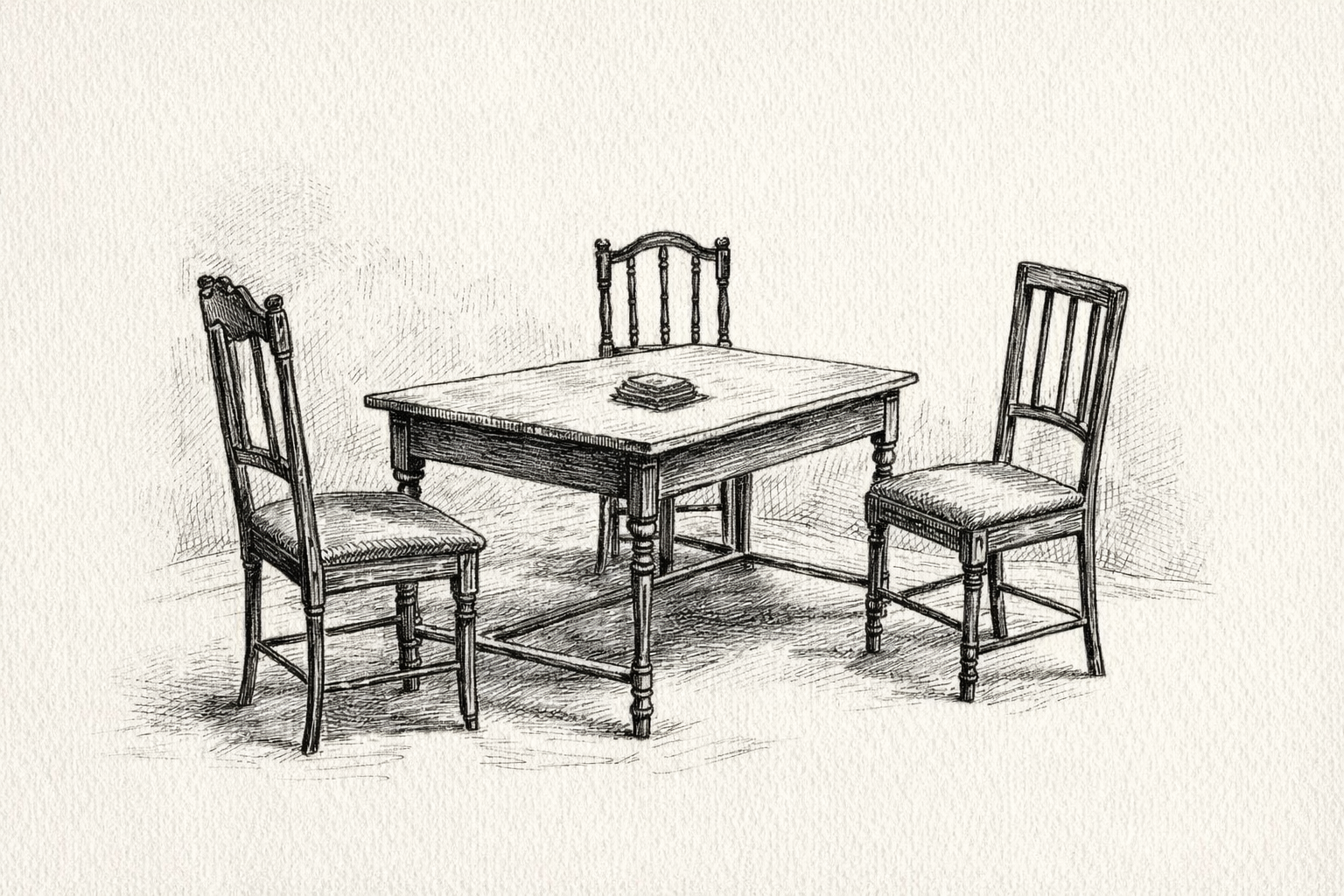 A table with three chairs and a stack of cards