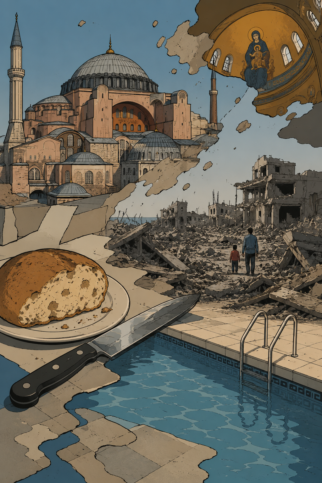 A dream: a knife by a pool, bread, a great mosque, a ruined city.