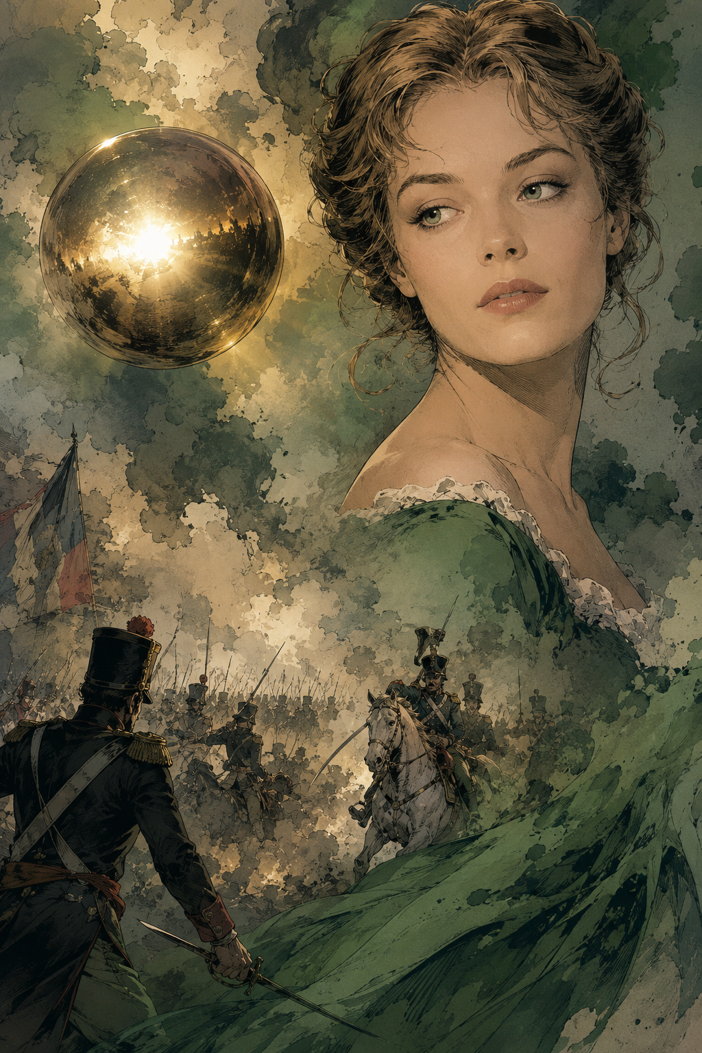 A dream: a battle beneath a green sky, a woman's face, a golden orb.