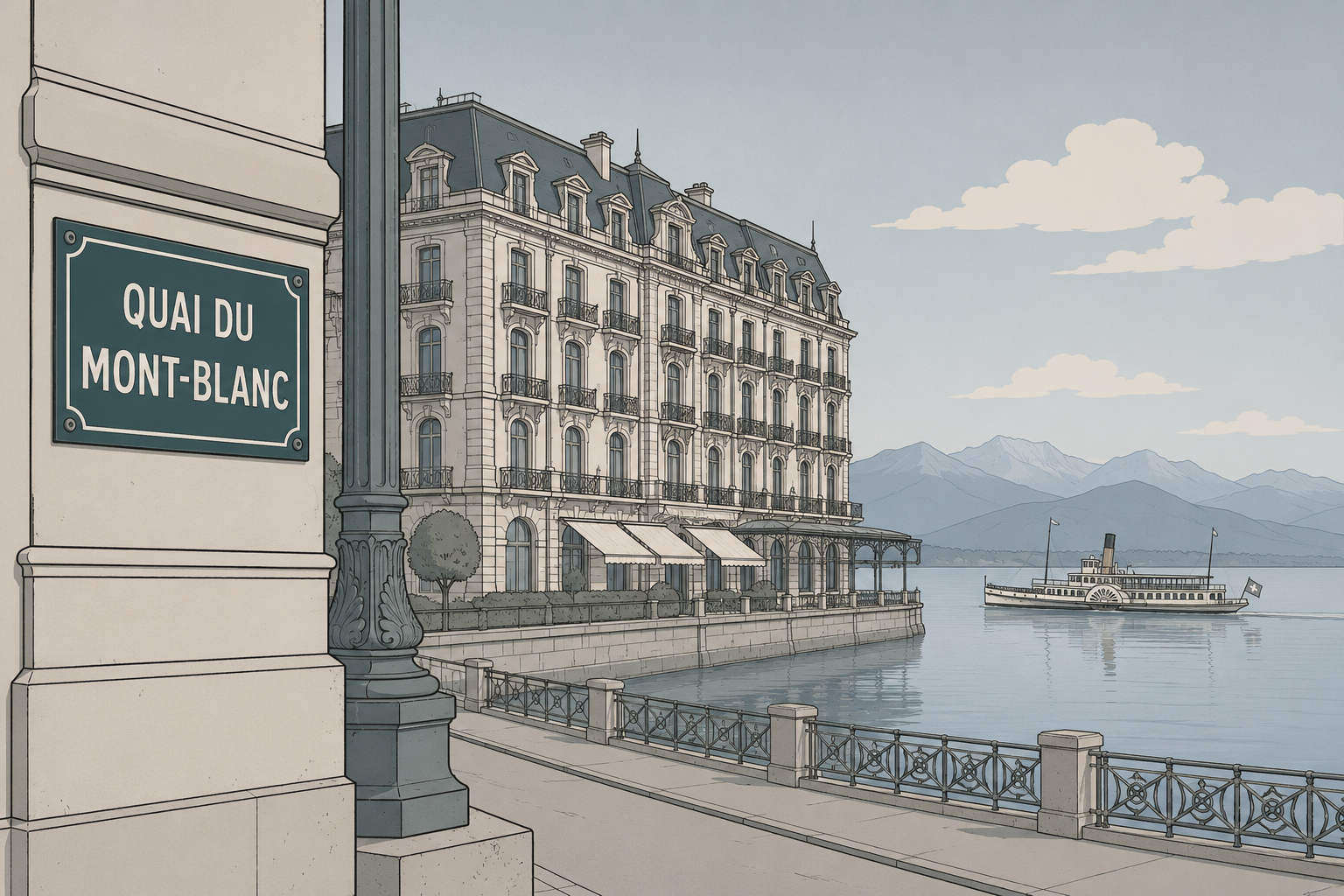 A Belle Époque grand hotel on a lakeside quay in Geneva, with a street sign reading Quai du Mont-Blanc in the foreground and a paddle steamer on the lake.