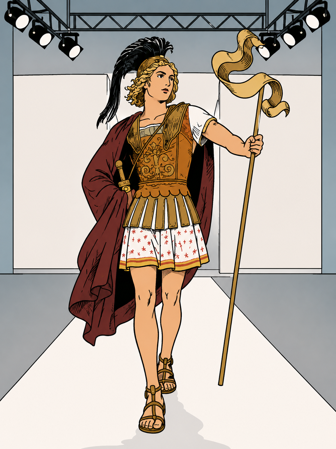 Alexander the Great walking a fashion runway in golden armour and a pleated skirt, a battle standard in one hand.