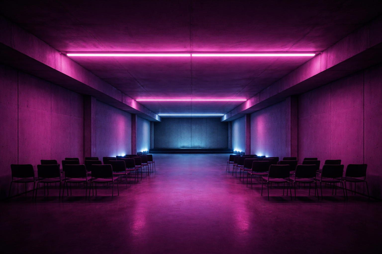 A neon-lit basement hall with rows of chairs facing a low stage.