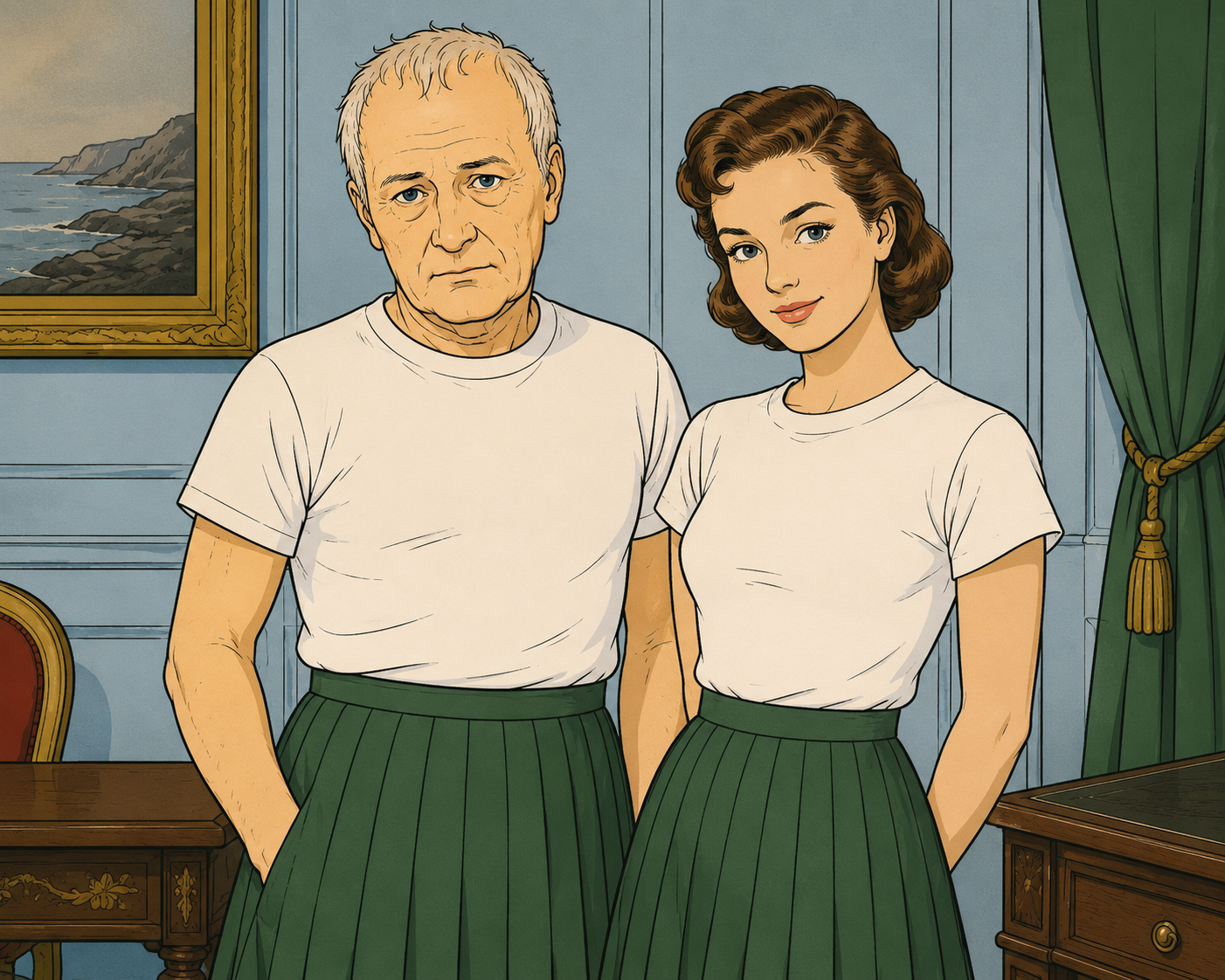 Napoleon and Sissi standing side by side in matching dark-green pleated skirts and white T-shirts, in a blue-panelled room, a seascape on the wall behind them.
