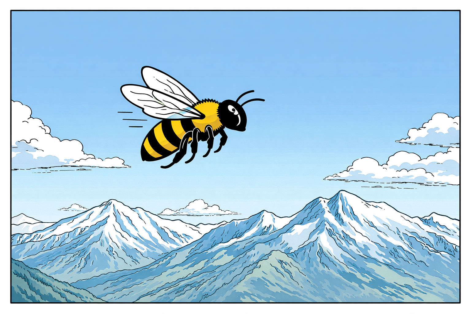 A honey bee in mid-flight with alpine mountains in the background, drawn in a Franco-Belgian comic style.